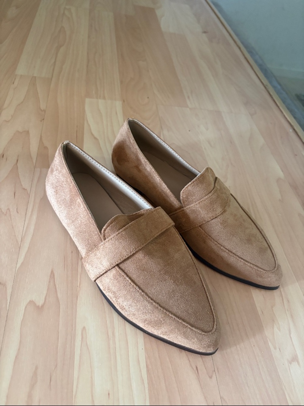 Women's Tan Suede Pointed Toe Loafers - Slip-On Comfort